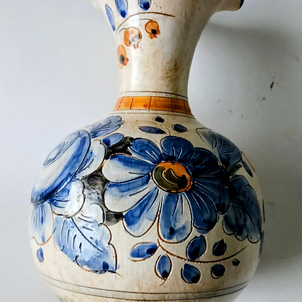 Dip.A Mano Italy. Ceramic Vase with Blue and Orange Floral Design